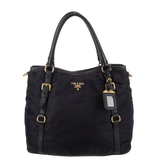 Prada Buckle Tote Bag Navy Tessuto Nylon Black Leather Trim w/Adjustable Handles - Picture 1 of 10